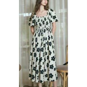 Adoria Threads Black Flowers Cream Background Bubble Sleeves Maxi Linen Dress M